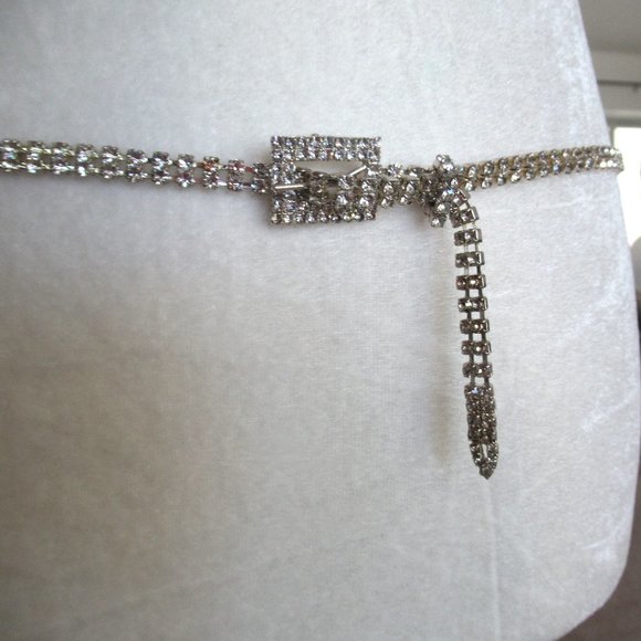 VTG Clear Crystal Rhinestone Slim Thin Belt, Silver tone metal Mint Sz XS/S - Picture 2 of 7